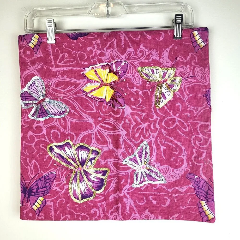 Kohl's Pink Butterfly with sequins 18 inch pillow covers x 2 boho girly garden